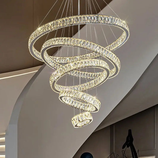 Modern LED Luxury Crystal Chandelier Villa Staircase Living Room Dimming Circular Gold Chandelier Home Lighting Indoor Light