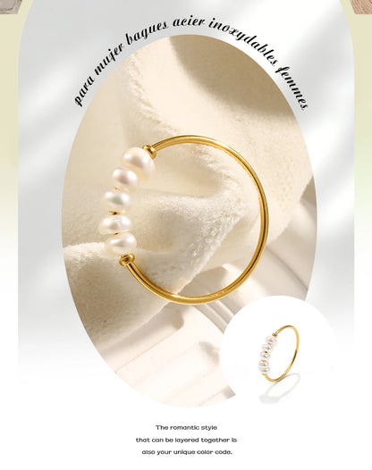 E.B.belle Gold Plated Stainless Steel Freshwater Pearls Rings For Women Accesorios Para Mujer Bagues Acier Inoxydables Femmes