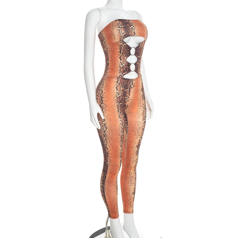 STYLISH LADY Snake Print Strapless Jumpsuits 2026 Women Hollow O Ring Sleeveless Bodycon Sexy Club Party Street Long Jumpsuit