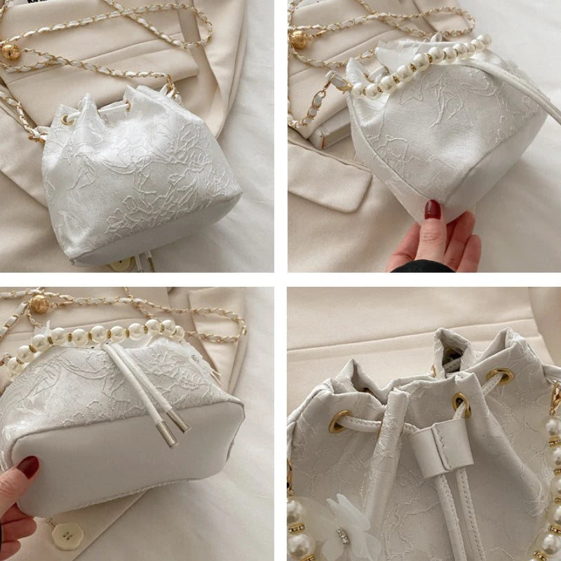 Sweet Butterfly Women Drawstring Bucket Shoulder Bags Versatile Ladies Crossbody Bag Clutch Fashion Girls Pearl Chain Handbags