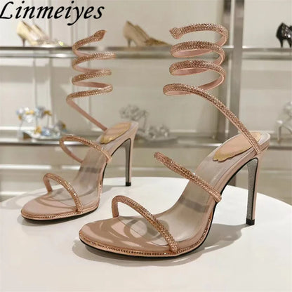 Summer Crystal Gladiator Sandals Women Rhinestone Twine Around Ankle Snake Wedding Shoes High Heels Sandals Woman