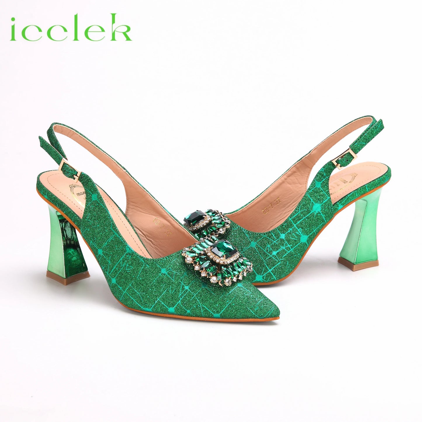 Women High Heels Sandals Shinning Material with Rhinestone Italian Design T.Blue Color Pointed Toe Shoes and Bags Set