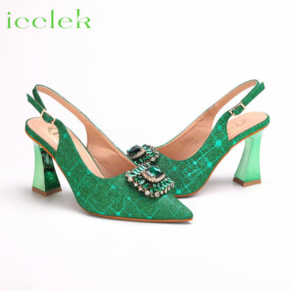 Women High Heels Sandals Shinning Material with Rhinestone Italian Design T.Blue Color Pointed Toe Shoes and Bags Set
