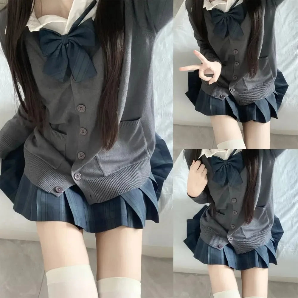 3Pc Set Japanese Korean School Uniforms Multicolor Sweater&Plaid Pleat Skirt with Bow Jk Uniform Suit Graduation Costumes Women
