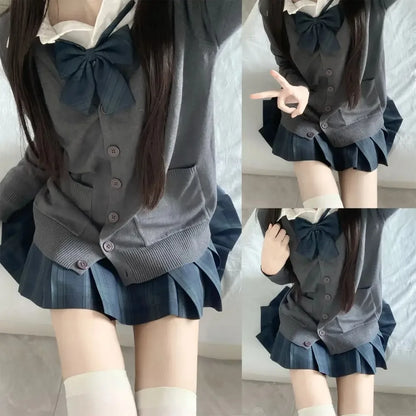3Pc Set Japanese Korean School Uniforms Multicolor Sweater&Plaid Pleat Skirt with Bow Jk Uniform Suit Graduation Costumes Women