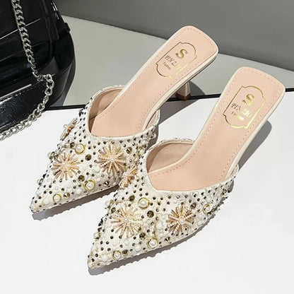 Luxury String Bead Decoration Design Brand High Heel Slippers Women Shiny Rhinestone Slide Sandals Elegant Wedding Bridal Shoes