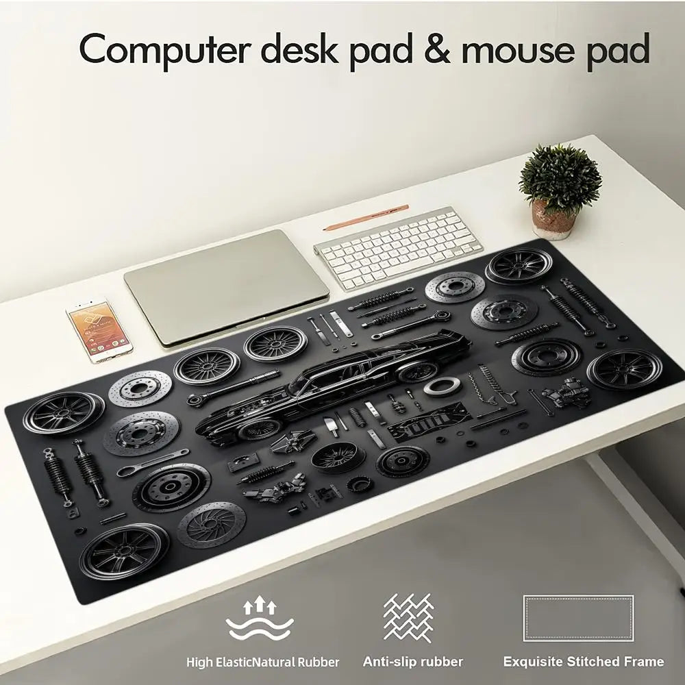 Car Parts Assembly Large Mouse Pad Retro Muscle Car Black Metal Texture Desk Mat Gaming Keyboard Pad Non-slip Office Table Mat