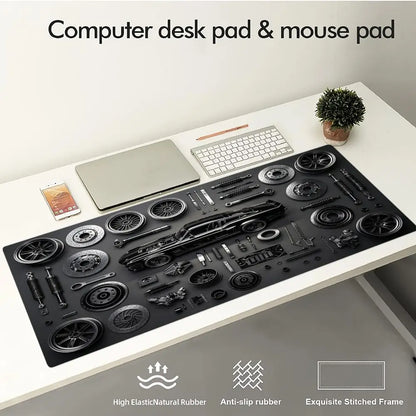 Car Parts Assembly Large Mouse Pad Retro Muscle Car Black Metal Texture Desk Mat Gaming Keyboard Pad Non-slip Office Table Mat