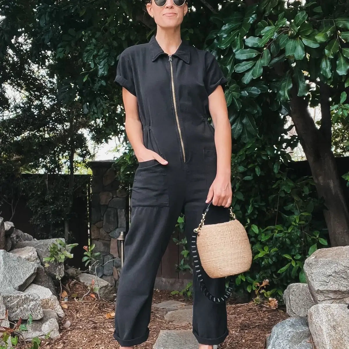 Summer Pocket Zipper Jumpsuit Women Fashion Pure Color Short Sleeve Jumpsuits For Women 2025 Casual One Piece Sets White