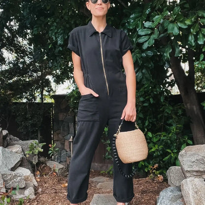 Summer Pocket Zipper Jumpsuit Women Fashion Pure Color Short Sleeve Jumpsuits For Women 2025 Casual One Piece Sets White