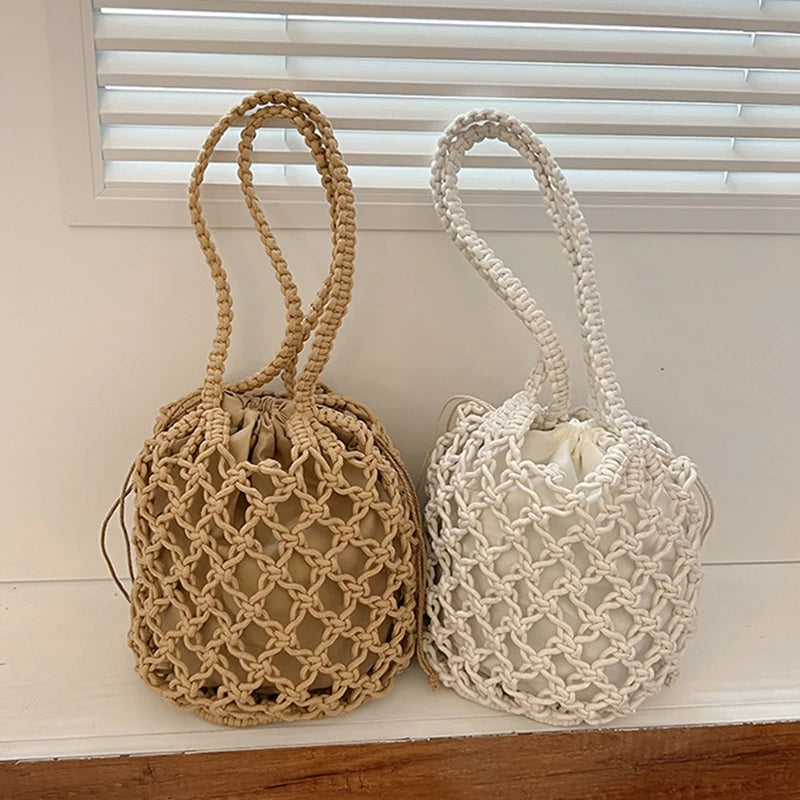 Summer Beach Bag For Women Mesh Rope Knitted Bucket Shoulder Bags  Reticulate Hollow Travel Shopper Totes Ladies Fashion Handbag