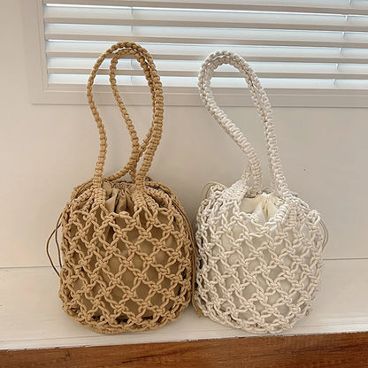 Summer Beach Bag For Women Mesh Rope Knitted Bucket Shoulder Bags  Reticulate Hollow Travel Shopper Totes Ladies Fashion Handbag