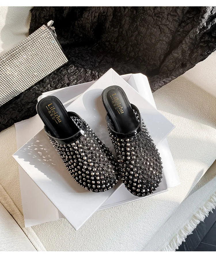 Summer Shoes for Women Slippers Luxury Rhinestone Rivets Casual Sandals Mesh Slip-on Loafers