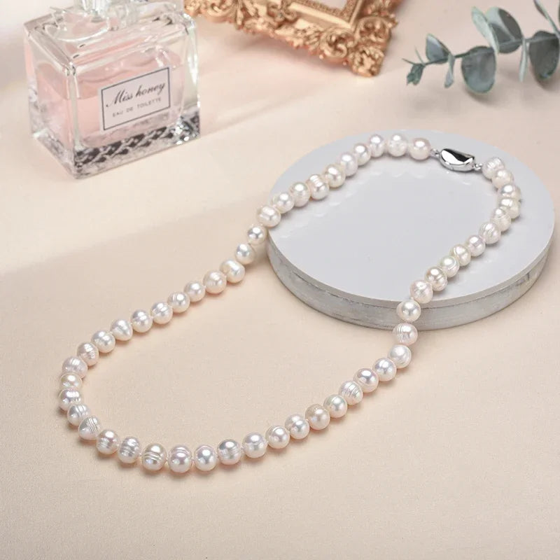 YWYC 8-10MM Baroque Natural Freshwater Pearl Necklaces for Women 925 Sterling Silver Necklaces Jewelry 40-50cm Length