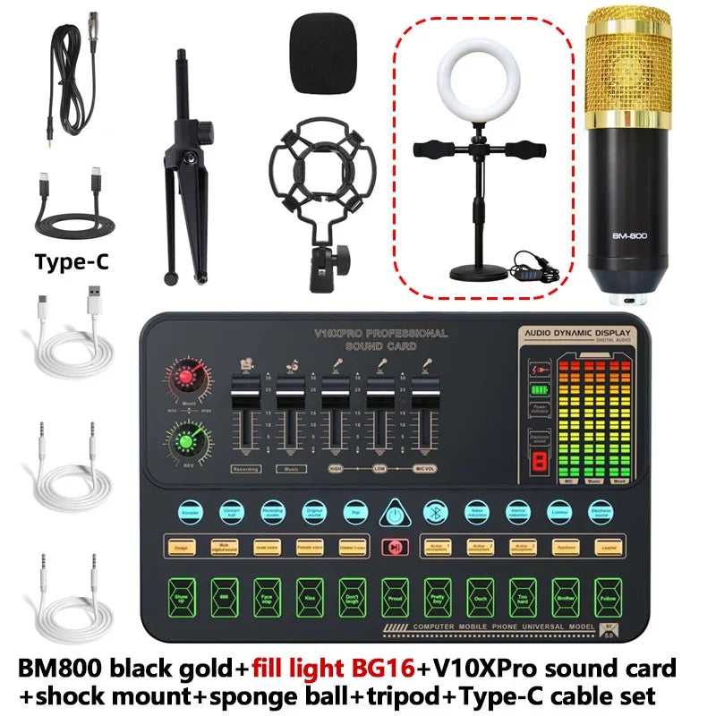 V10XPro Sound Card Studio Mixer Singing Noise Reduction Microphone Voice BM800 Live Broadcast Phone Computer Record V10X Pro set