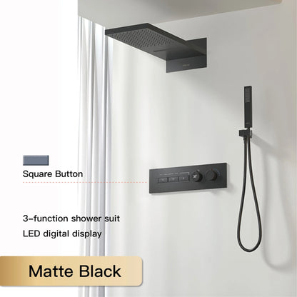 Luxury Black Brass Shower System Wall-Mounted LED Digital Display Design Cold & Hot Dual-Control 4-Function Ceiling Shower Tap