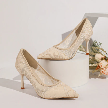 Luxury Embroidery Lace Super High Heel Pumps Women Summer 2026 Elegant Pointed Toe Stilettos Pumps Woman's Party Dress Shoes