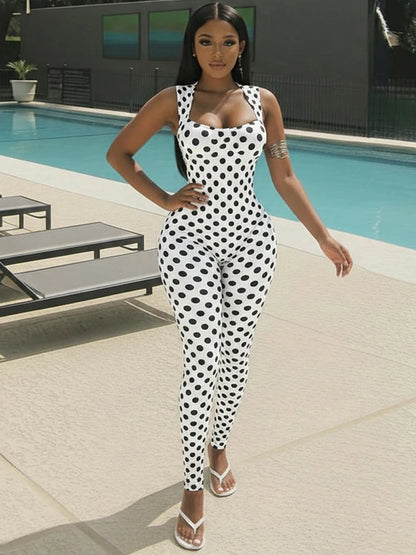 Yomesugar 2026 Summer Women's Polka Dot Printed Backless Jumpsuits Sexy Square Collar Sleeveless Skinny Rompers Party Clubwear