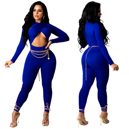 CM.YAYA Women Hollow Out Cross Sexy Party Clubwear Long Sleeve Jumpsuits 2024 Winter Autumn Street Crop One Piece Suit Rompers