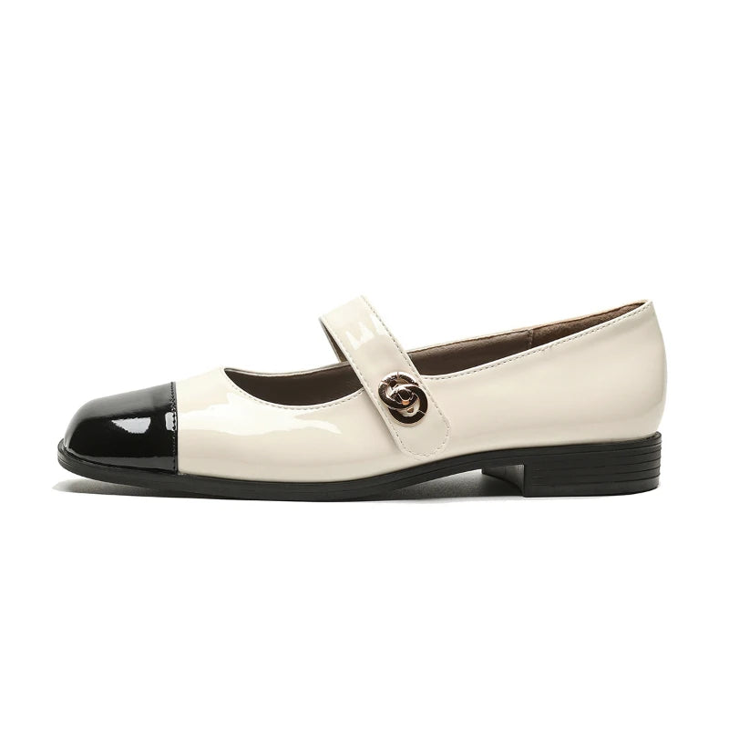 Women Two Tone Mary Jane Shoes 2026 New Patent Leather Buckle Strap Low Heel Casual Shoes For Office And Daily Wear Elegant