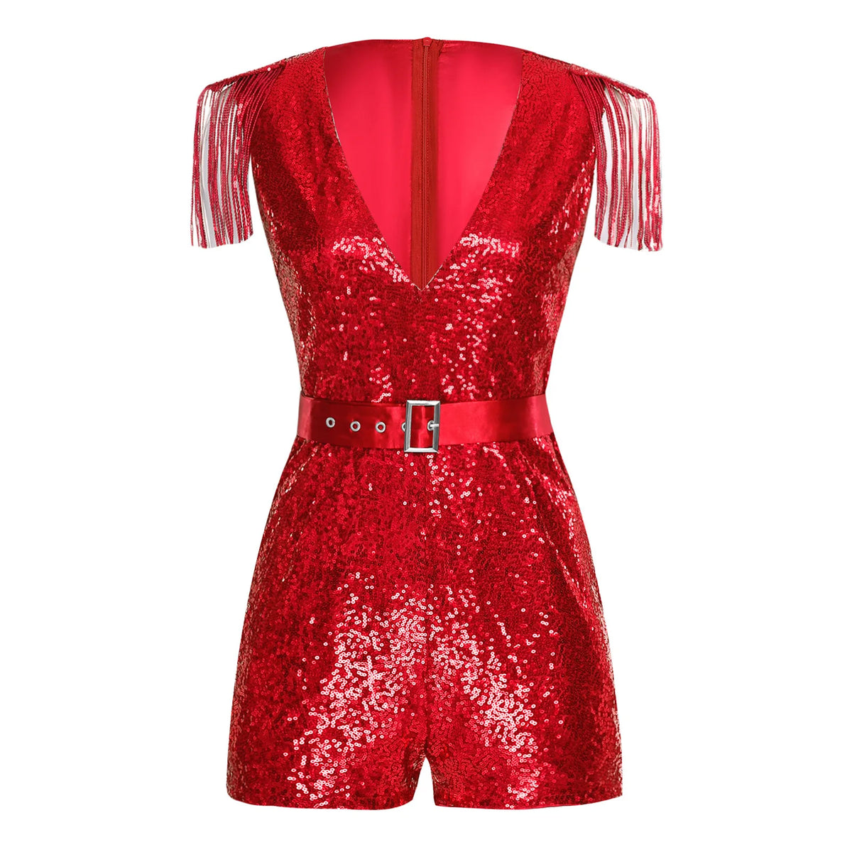 Women Sequined Unitard Fashion Short Romper Belted Tassels Jumpsuits Clubwear Sleeveless Sparkly Rave Disco Club Party Costume
