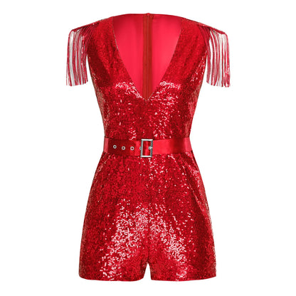 Women Hot V-neck Sequined Tassels Party Jumpsuits Fashion Romper Sparkly with Belt Music Festival Rave Disco Clubbing Costume