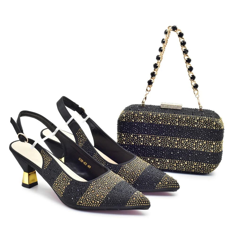 Luxury Italian Shoes and Bag Set for Women Elegant Shoes Woman Heel Nigeria Party Shoes and Bags for Women Rhinestone Pumps