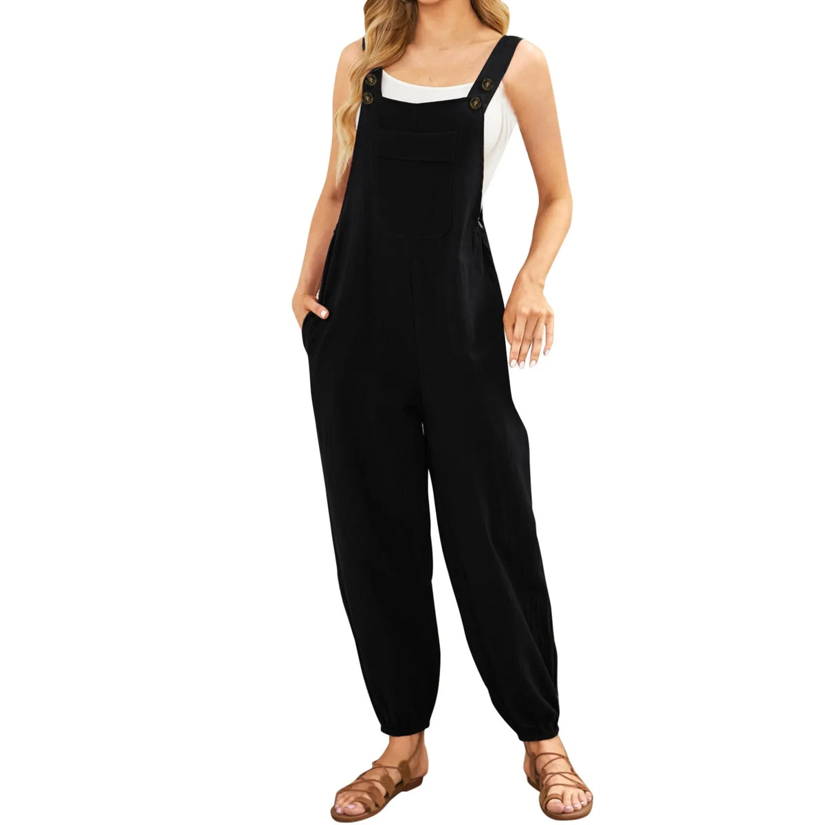 Women'S Sleeveless Overalls Jumpsuit Casual Solid Color Summer Wide Leg Bib Pants Bottons Jumpsuits Rompers With Pockets