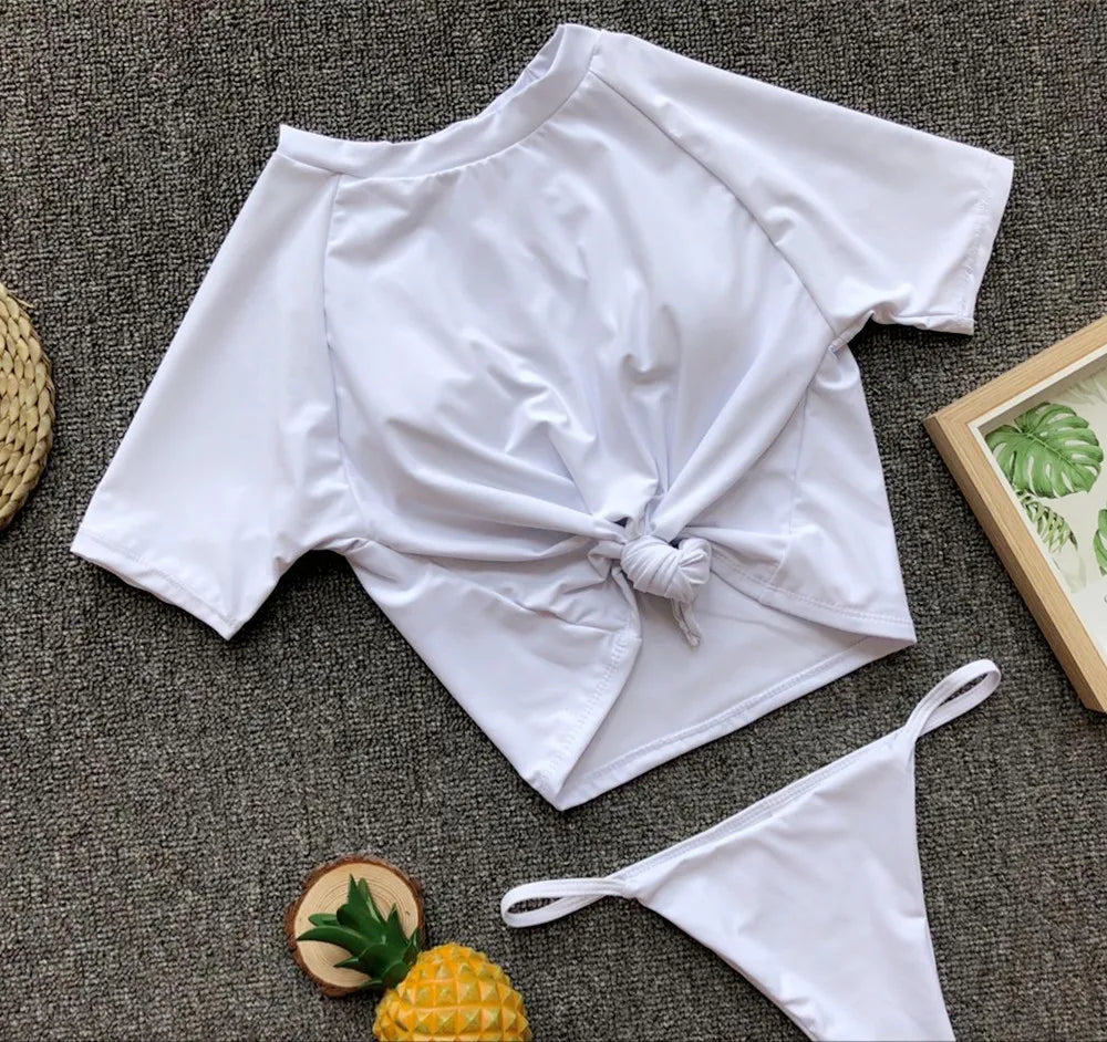 2 Colors Sexy Two Piece Swimsuit Swimwear Women Short Sleeve Knotted Solid Two-piece Bathing Suit Beachwear Banadores Mujer 2026