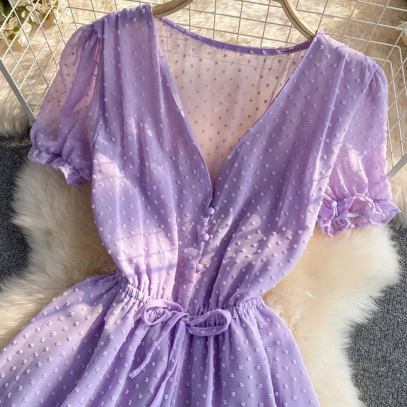 2025 Summer Women Playsuit Polka Dot See Through Thin Beach Rompers Sexy V-neck Short Sleeve Drawstring Sash Slim Waist Overalls