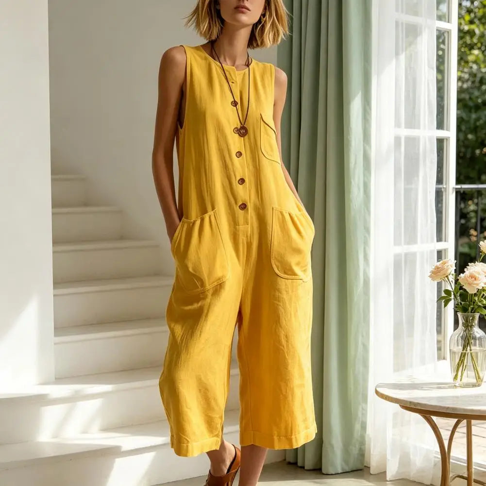 Women Summer Tank Jumpsuit Sleeveless Button Down Cropped Rompers Loose Wide-Leg Overall Pockets Hot Sale