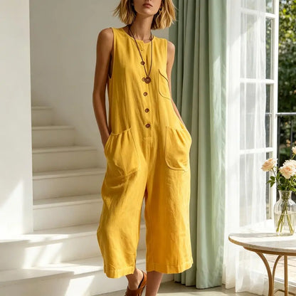 Women Summer Tank Jumpsuit Sleeveless Button Down Cropped Rompers Loose Wide-Leg Overall Pockets Hot Sale