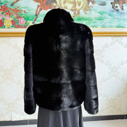 Black Horizontal Lapel Ladies' High-End Mink Fur Coat, Handcrafted