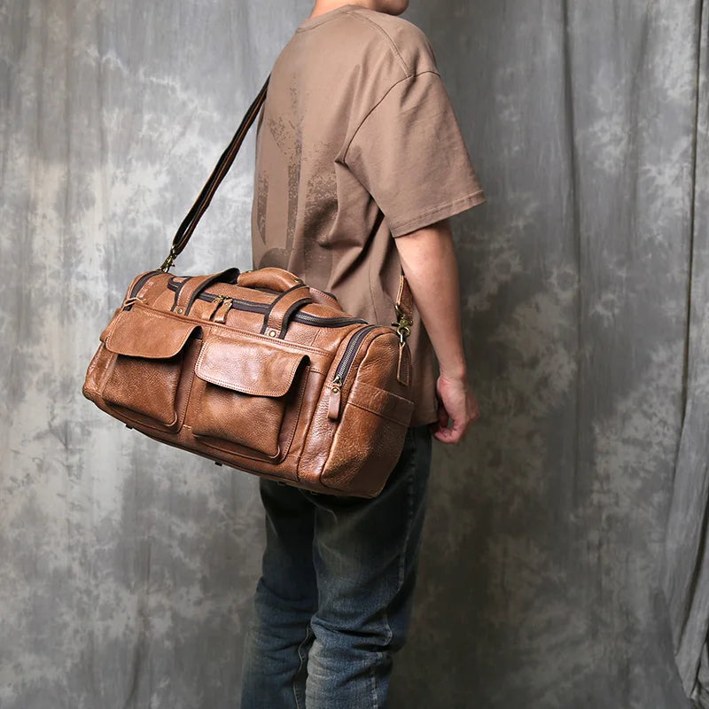Vintage Large Capacity Men's Top Layer Cowhide Travel Bag Genuine Leather Crossbody Bag Hand-Held Short Distance Luggage Bag
