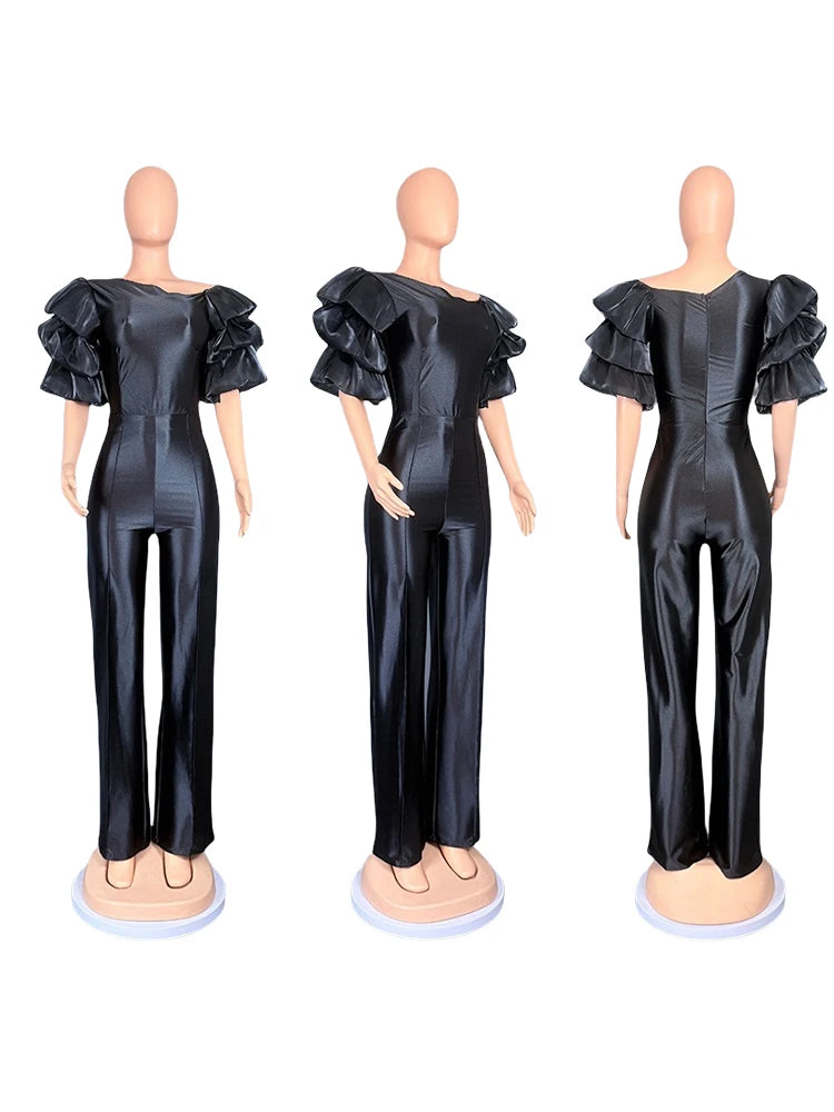 Satin Jumpsuit Woman High Quality Slash Neck Puff Sleeves Party Jumpsuits Woman Elegant Luxury Curvy Evening Jumpsuit Dress