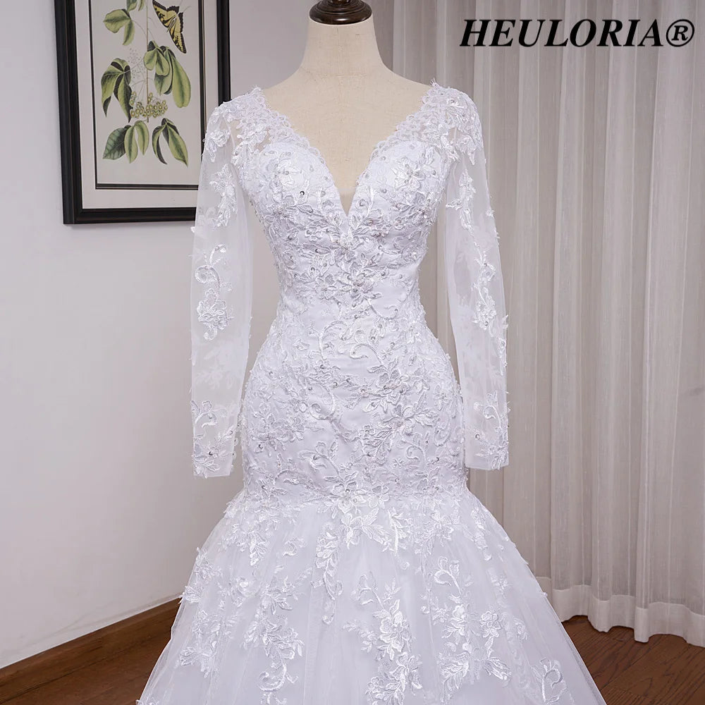 HEULORIA Mermaid Wedding Dresses long sleeve V neck bride dress lace applique beading wedding gown Robe de mariage customize