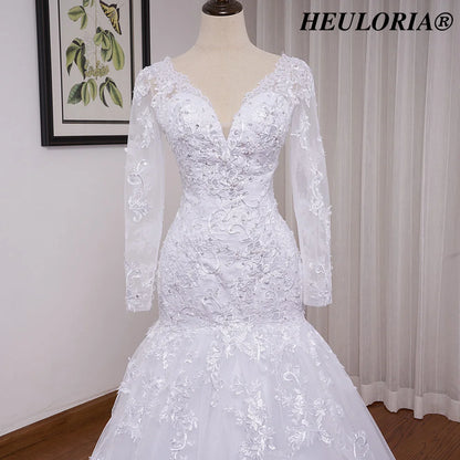 HEULORIA Mermaid Wedding Dresses long sleeve V neck bride dress lace applique beading wedding gown Robe de mariage customize