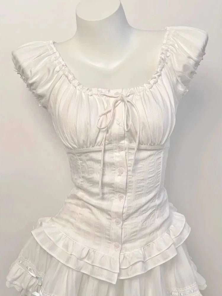 Deeptown Elegant Sweet White Blouses Women Sexy Square Collar Bow Crop Tops Vintage French Style Short Sleeve Ruffle Shirts