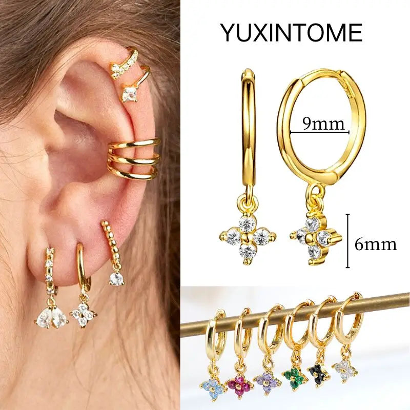 White Color Zircon Hoop Earrings 925 Sterling Silver Needle Cross/Star/Flower/Water Drop Pendant Gold Earrings Luxury Jewelry