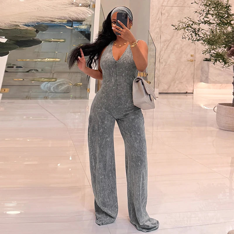Casual sports faux washed printed headband paired with backless flared jumpsuit