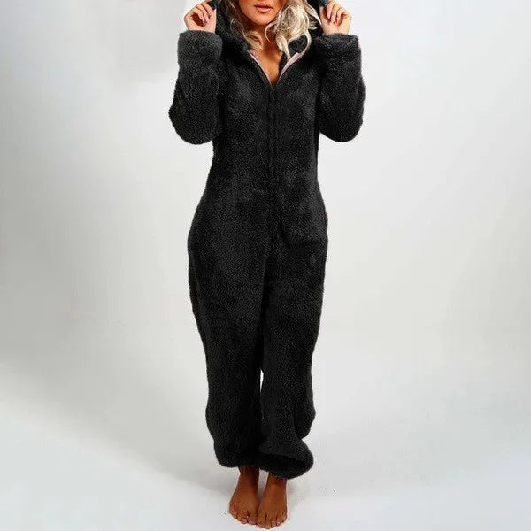Casual Cute Women's Thick Warm Furry Jumpsuit One-Piece Solid color Hooded Pants Set Home Wear Comfortable Jumpsuits Overall
