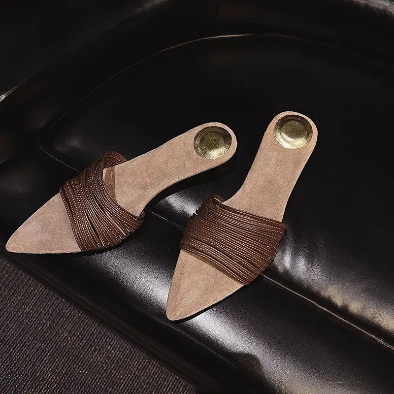 Black Pointed Toe Narrow-band Mule Slippers Women Sexy Open Toe Kitten Heel Slide Sandals Luxury Gold Embellished Design Shoes