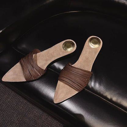 Black Pointed Toe Narrow-band Mule Slippers Women Sexy Open Toe Kitten Heel Slide Sandals Luxury Gold Embellished Design Shoes