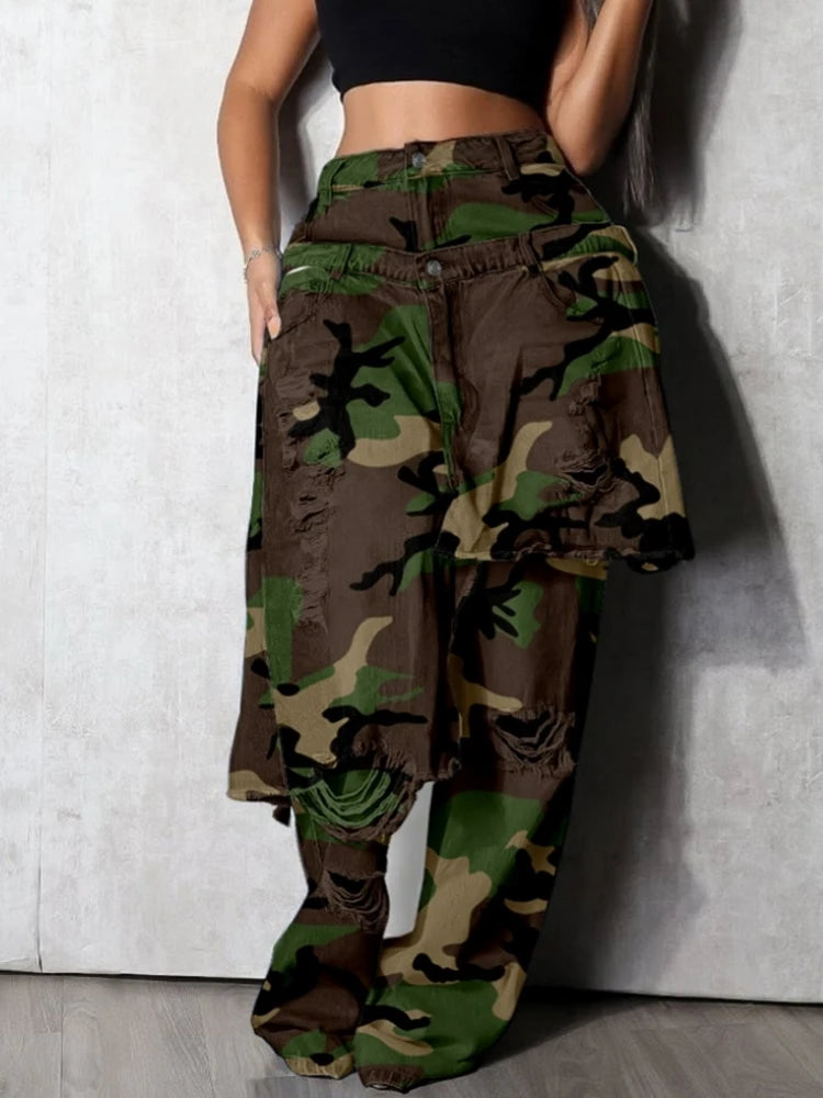 Women High Waist Camouflage Pants Hole Straight Pants Long Jeans Casual Trendy Trousers 2025 Autumn Winter New Denim Trousers