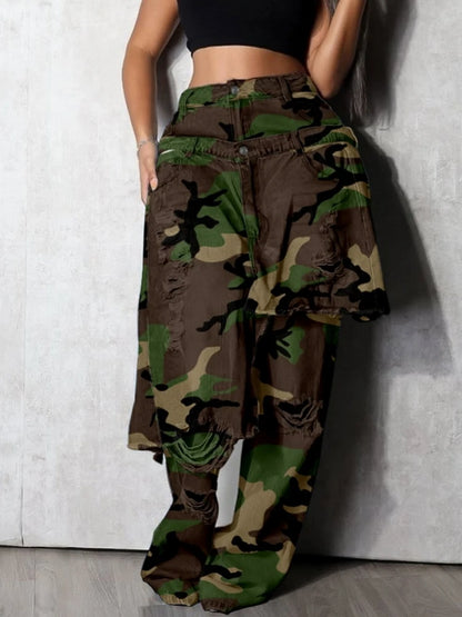 Women High Waist Camouflage Pants Hole Straight Pants Long Jeans Casual Trendy Trousers 2025 Autumn Winter New Denim Trousers