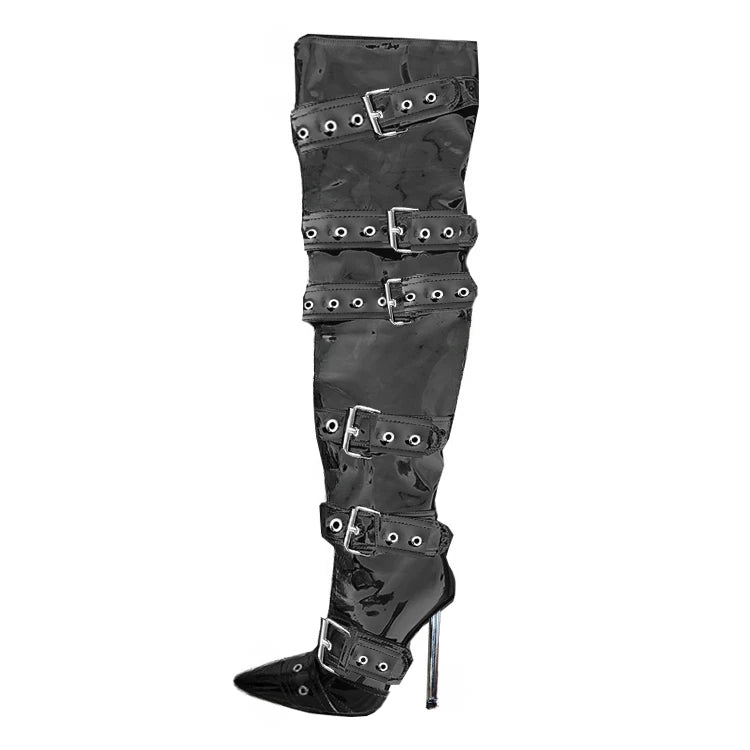 New Women Denim Metal Rivet Buckle Sandals Women Sexy Punk Style Pointed Hollow Metal 11cm High Heel Knee High Boots Size34-43
