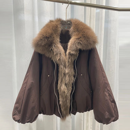 Women Winter Fox Fur Collar Short Puffer Jacket White Duck Down Thick Warm Loose Fit Parka Luxury Fashion Casual Outerwear Coat