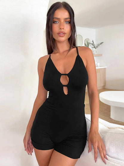 Sibybo Basics Solid Color Tight Playsuit Women Summer Sleeveless Hollow Out Backless Slim Romper Streetwear Sexy Shorts Jumpsuit