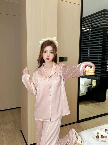 Women's New Arrival Silk-Feel Ice-Silk Lightweight Long-Sleeve Pajama Set Two-Piece Comfortable Homewear Suit