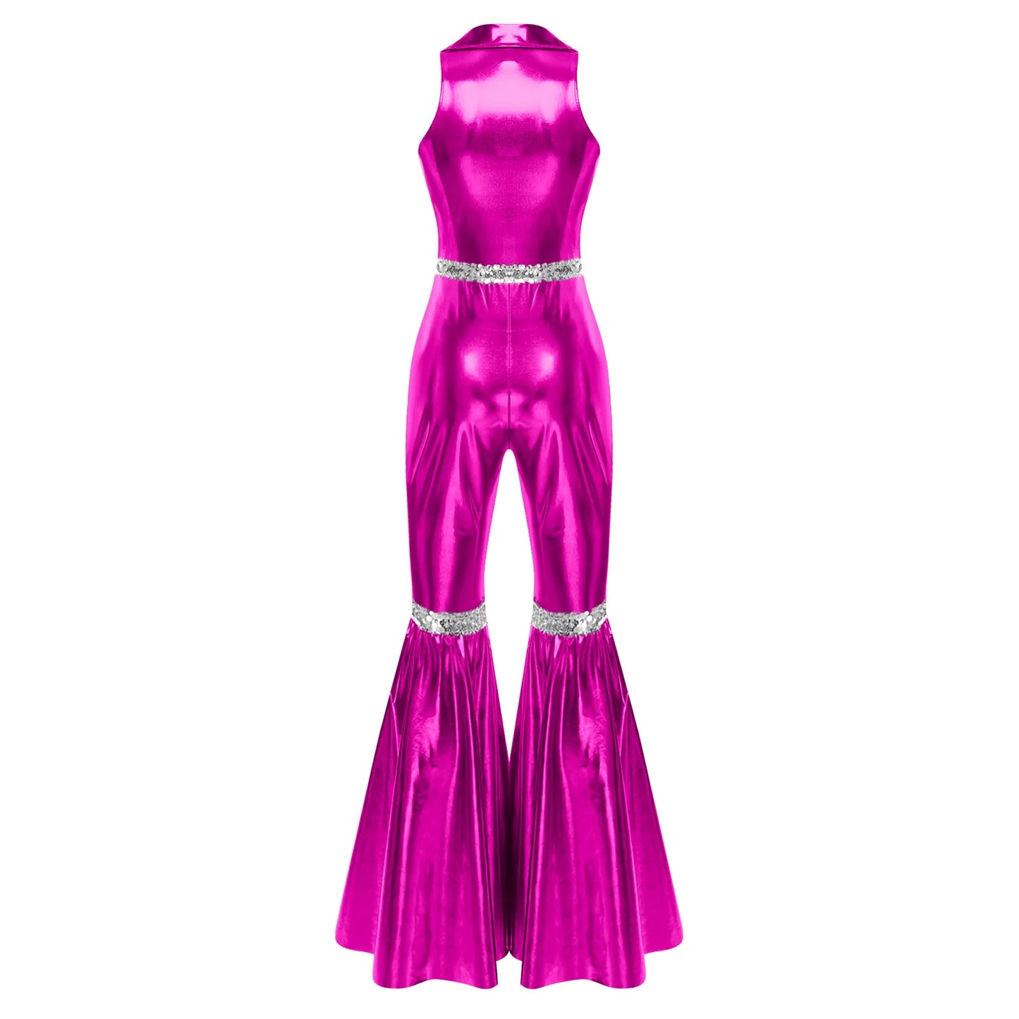 Adult Womens 70s Disco Rompers Lapel V Neck Sleeveless Front Zipper Sequins Bell Bottom Long Pants Jumpsuit Retro Jazz Dancewear